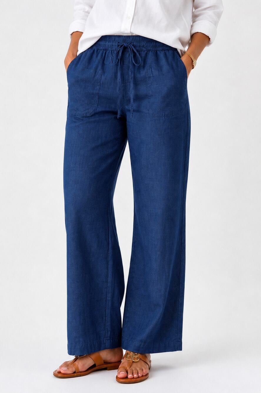 NWT Liz Claiborne Womens XL Blue Cotton Linen Drawstring Wide Leg Crop Pants$40